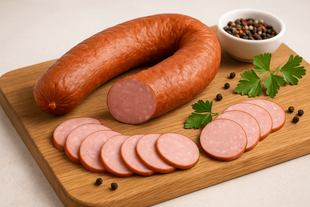 Kiełbasa krakowska pokrojona w plasterki na drewnianej desce, z pietruszką i ziarnami pieprzu w tle.