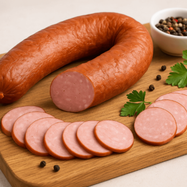 Kiełbasa krakowska pokrojona w plasterki na drewnianej desce, z pietruszką i ziarnami pieprzu w tle.