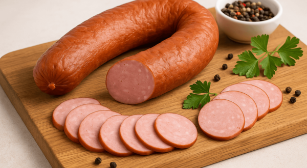 Kiełbasa krakowska pokrojona w plasterki na drewnianej desce, z pietruszką i ziarnami pieprzu w tle.